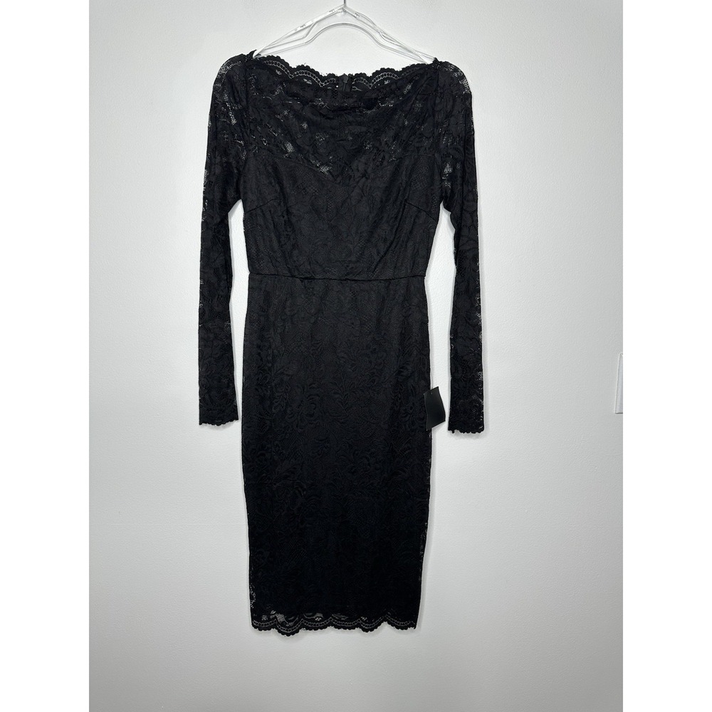 New Lulus Margalo Lace Long Sleeve Dress Size M Black Bodycon Knee Length
